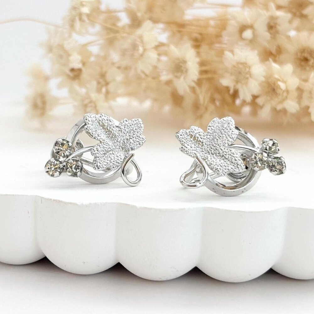 Maple Leaf Screw Back Sterling Silver Rhinestone Vintage Foliage Stud Earrings